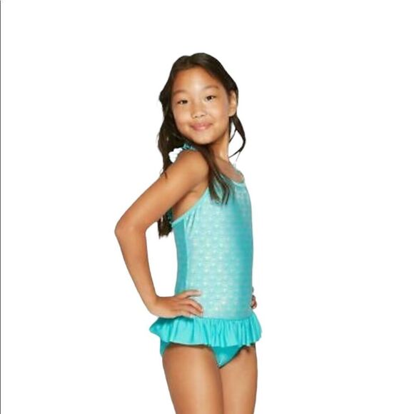 Cat & Jack Girls Turquoise Shimmermaid One Piece Swimsuit L (10/12) - Picture 1 of 6